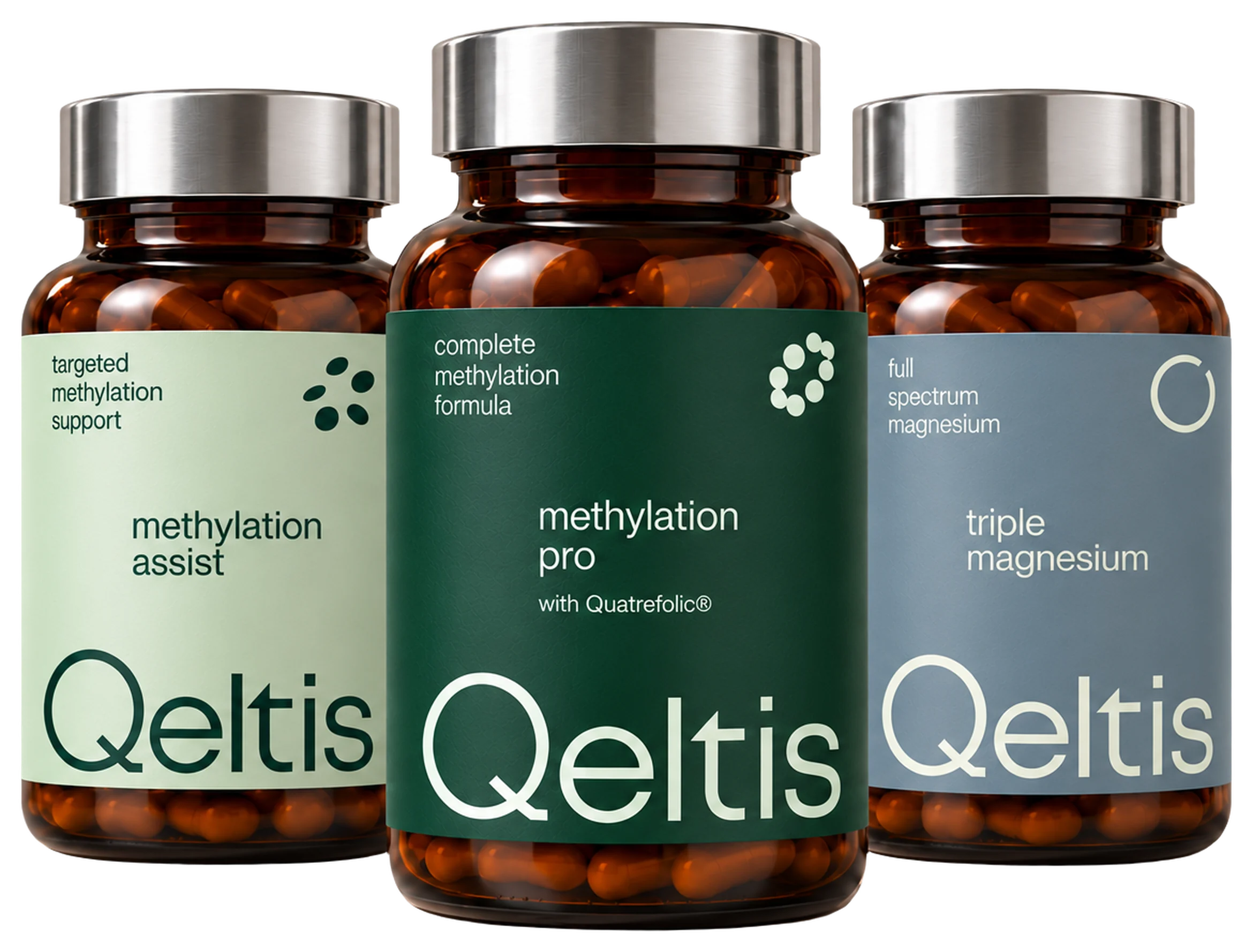 Os três frascos Qeltis: methylation assist, methylation pro e triple magnesium